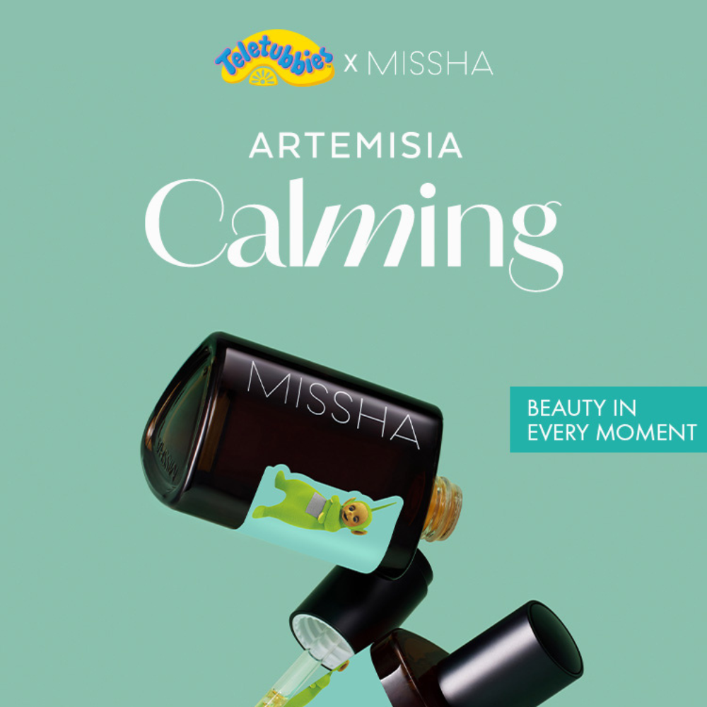 MISSHA Artemisia Calming product with Teletubbies branding on a teal background