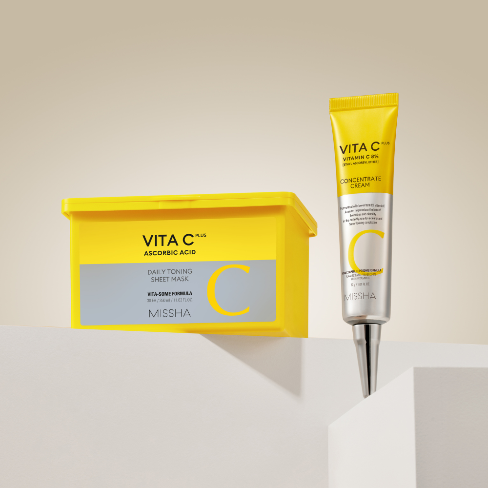 Missha Vita C skincare products on a beige background