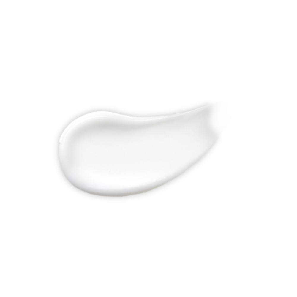 Close-up image of a smooth white cream texture, slightly glossy and swirled in a soft curved shape, showing the consistency of a skincare or cosmetic product.