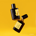 Two brown glass ampoules of MISSHA Vita C Plus Spot Correcting Ampoule floating against a yellow background, featuring a Teletubbies character illustration on the label.