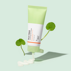 Tube of tea tree cream with leaves on a light green background