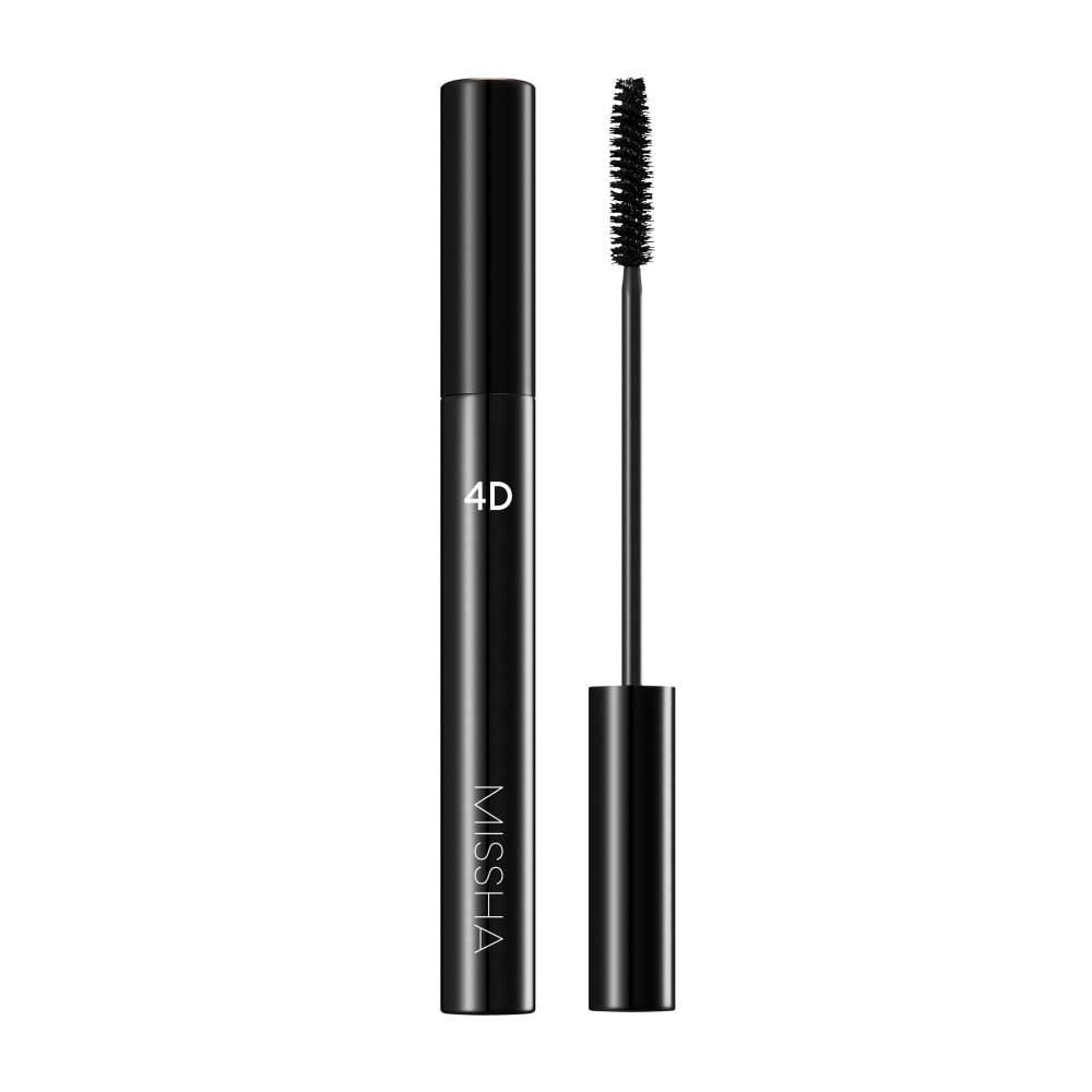 A black mascara wand with bristles coated with mascara, alongside its packaging tube labeled '4D'.