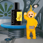 MISSHA Teletubbies edition ampoule bottle featuring the yellow Teletubby on the label, displayed indoors beside the matching Teletubbies character waving.