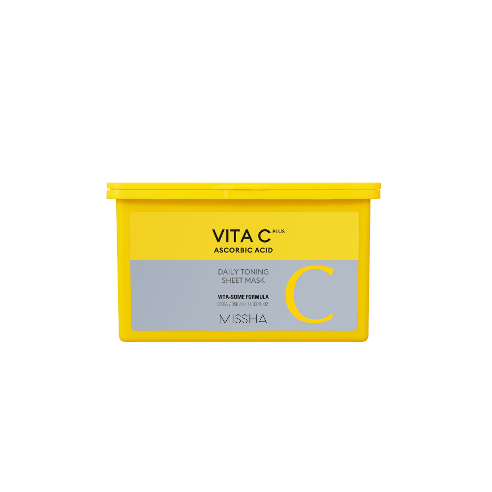 Yellow box of Missha Vita C Plus sheet mask on a white background