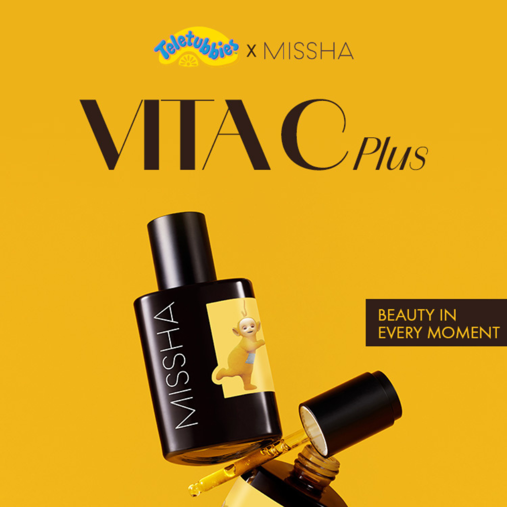 MISSHA Vitac Plus product on a yellow background with teletubbies branding.