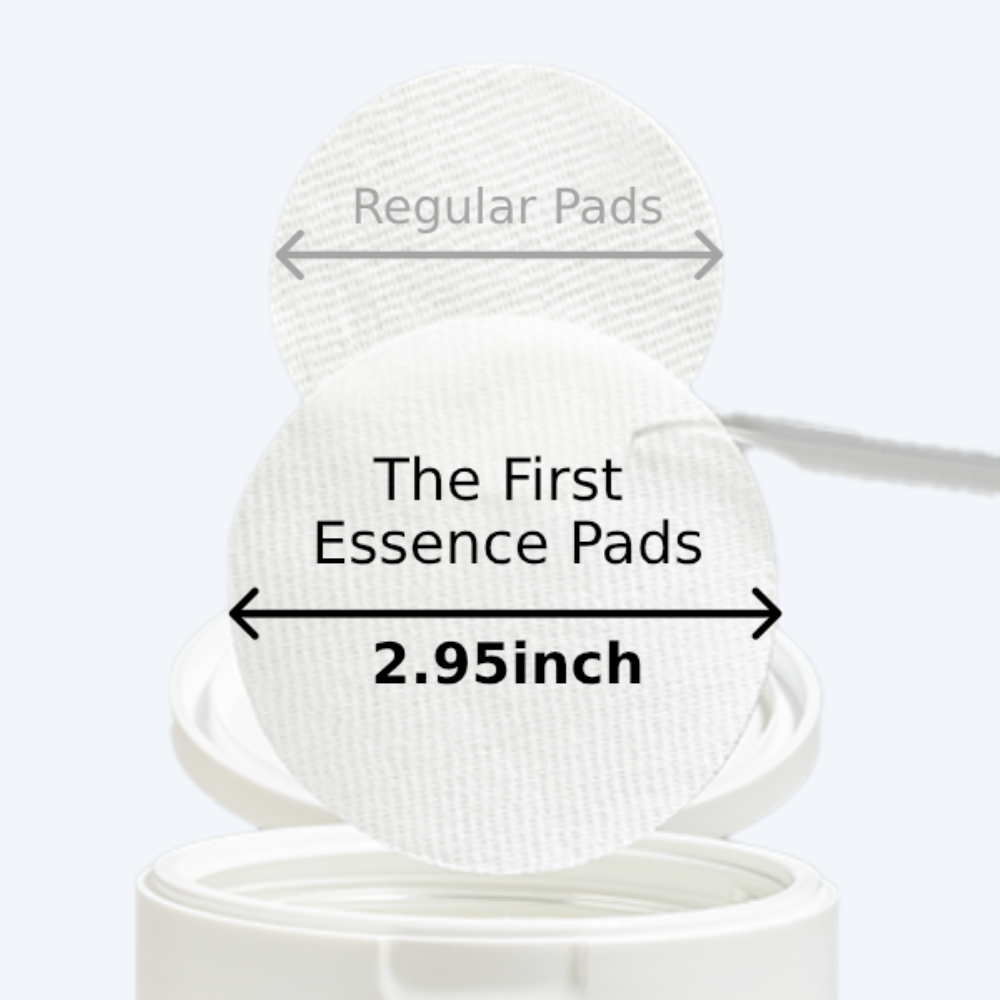 MISSHA The First Essence Pads compared to regular pads, highlighting the larger 2.95-inch skincare toner pad size for better essence absorption
