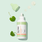 Tea tree essence bottle with a green leaf and dropper on a light green background
