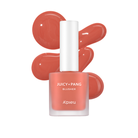 Two bottles of A'pieu Juicy Pang Water Blusher with a brush applicator, displaying the color of the blush and a swatch of the product showing its color and texture.