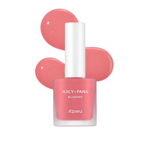 Two bottles of A'pieu Juicy Pang Water Blusher with a brush applicator, displaying the color of the blush and a swatch of the product showing its color and texture.