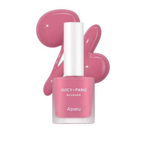 Two bottles of A'pieu Juicy Pang Water Blusher with a brush applicator, displaying the color of the blush and a swatch of the product showing its color and texture.