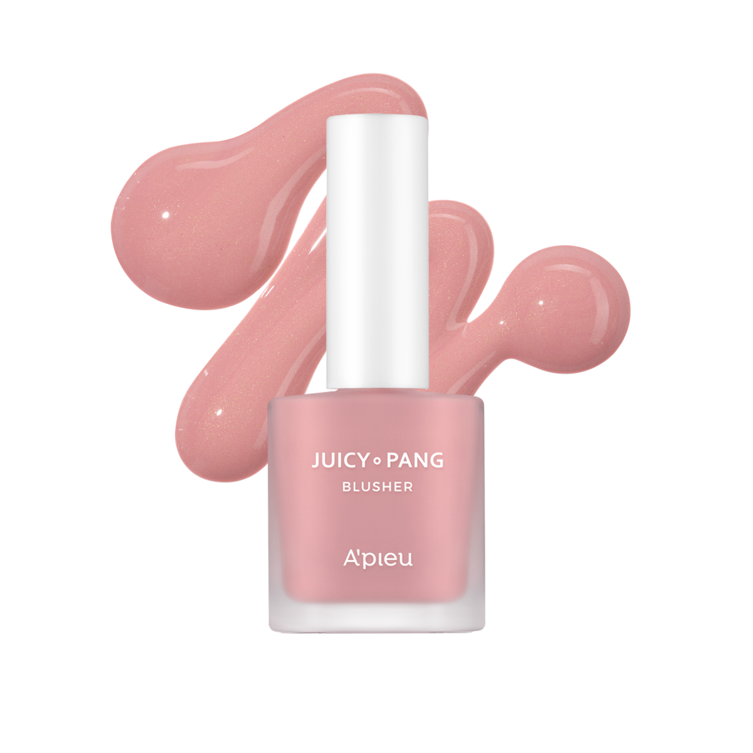 Two bottles of A'pieu Juicy Pang Water Blusher with a brush applicator, displaying the color of the blush and a swatch of the product showing its color and texture.