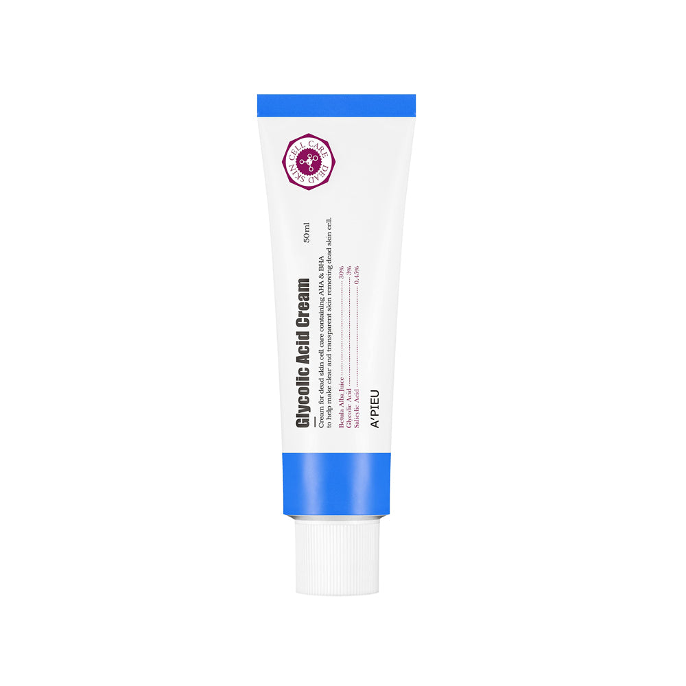 A tube of A'PIEU Glycolic Acid Cream with blue and white packaging.