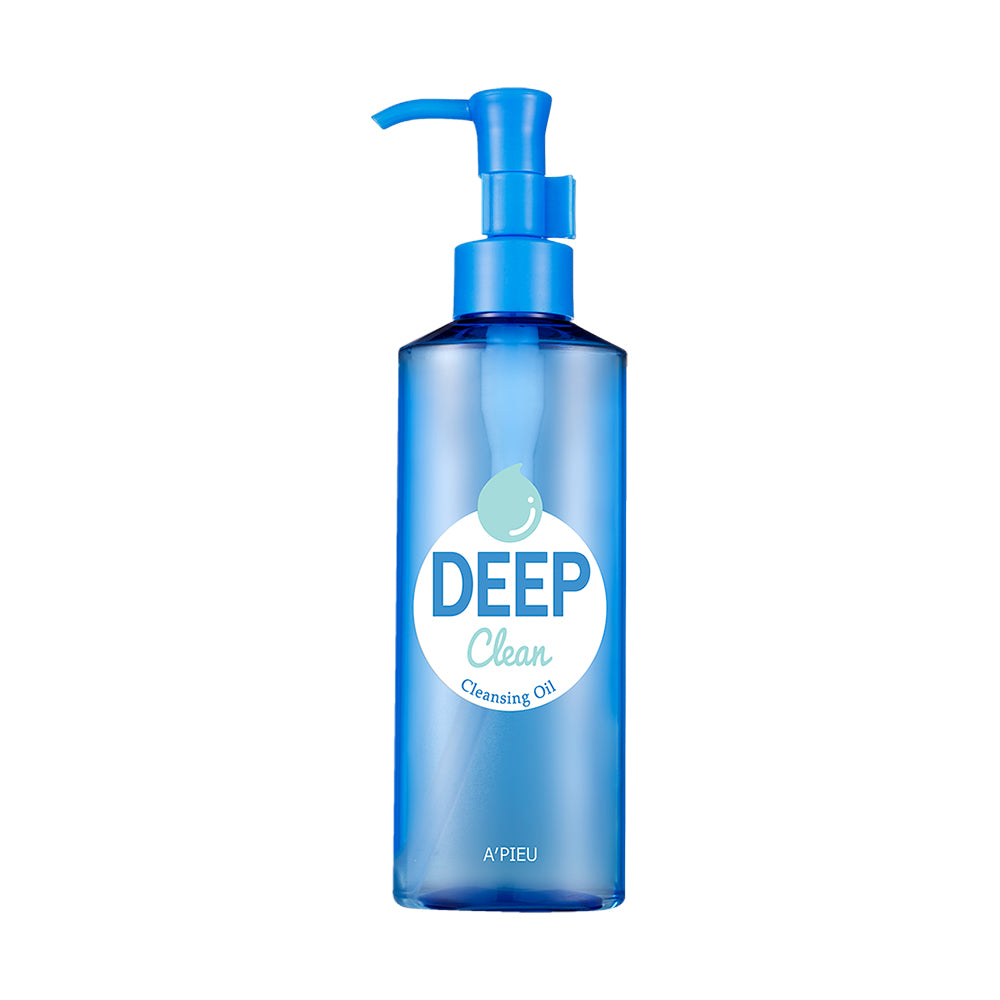 Blue bottle of A'PIEU Deep Clean Cleansing Oil on a white background