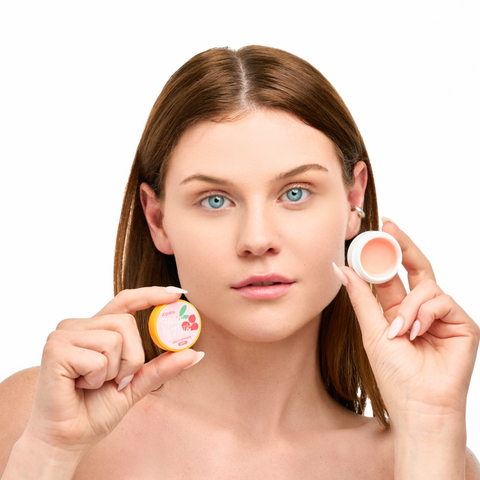 Portrait of a young woman holding up an open jar of A'pieu Honey Milk Daily Lip Mask next to the lid, showcasing the small, travel-friendly size and the light pink tint of the daily lip balm/mask.