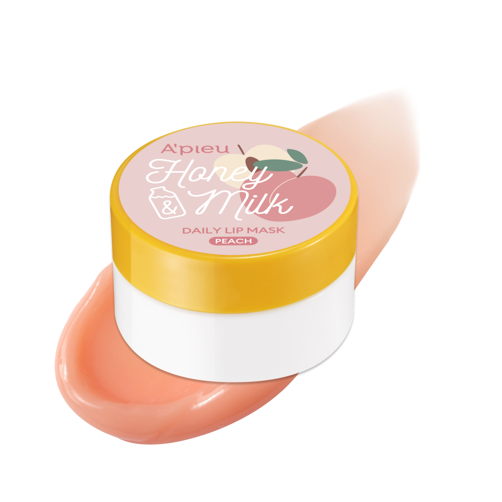 A'pieu Honey & Milk Daily Lip Mask container with the product applied to a lip, showcasing the pink color and texture of the lip balm.