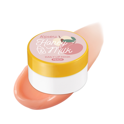 A'pieu Honey & Milk Daily Lip Mask container with the product applied to a lip, showcasing the pink color and texture of the lip balm.
