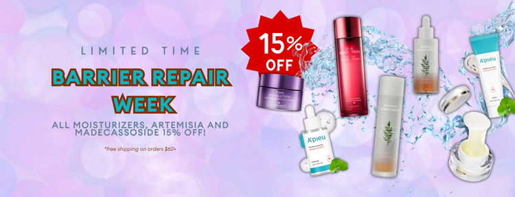 Promotional banner for barrier repair week with skincare products and a 15% off discount offer.