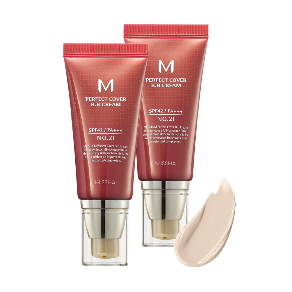 Two tubes of MISSHA M Perfect Cover BB Cream with SPF 24/PA+++ and a swatch of the cream color. The packaging is predominantly red with white text and details.
