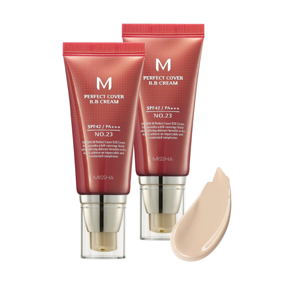 Two tubes of MISSHA M Perfect Cover BB Cream with SPF 24/PA+++ and a swatch of the cream color. The packaging is predominantly red with white text and details.