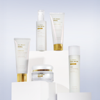A collection of skincare products including a foaming cleanser, a-toner, an essence, a cream, and a sleeping mask, all labeled with 'Cell Renew Snail' branding.
