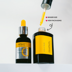 Two MISSHA Vita C Plus ampoules side by side, showing the original and new packaging with a yellow dropper above and text highlighting “Bigger Size” and “New Packaging.”