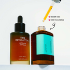 Two MISSHA Artemisia ampoules side by side, showing the Time Revolution Artemisia Ampoule and the new Artemisia Calming Ampoule with a dropper above, labeled “Bigger Size” and “New Packaging.”