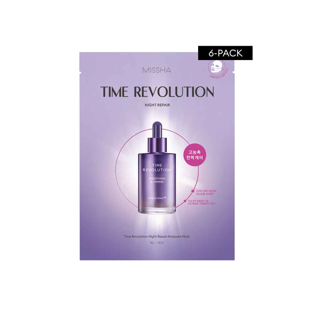 Packaging of Missha Time Revolution Night Repair Ampoule Sheet Mask with information about the product being a 6-pack.