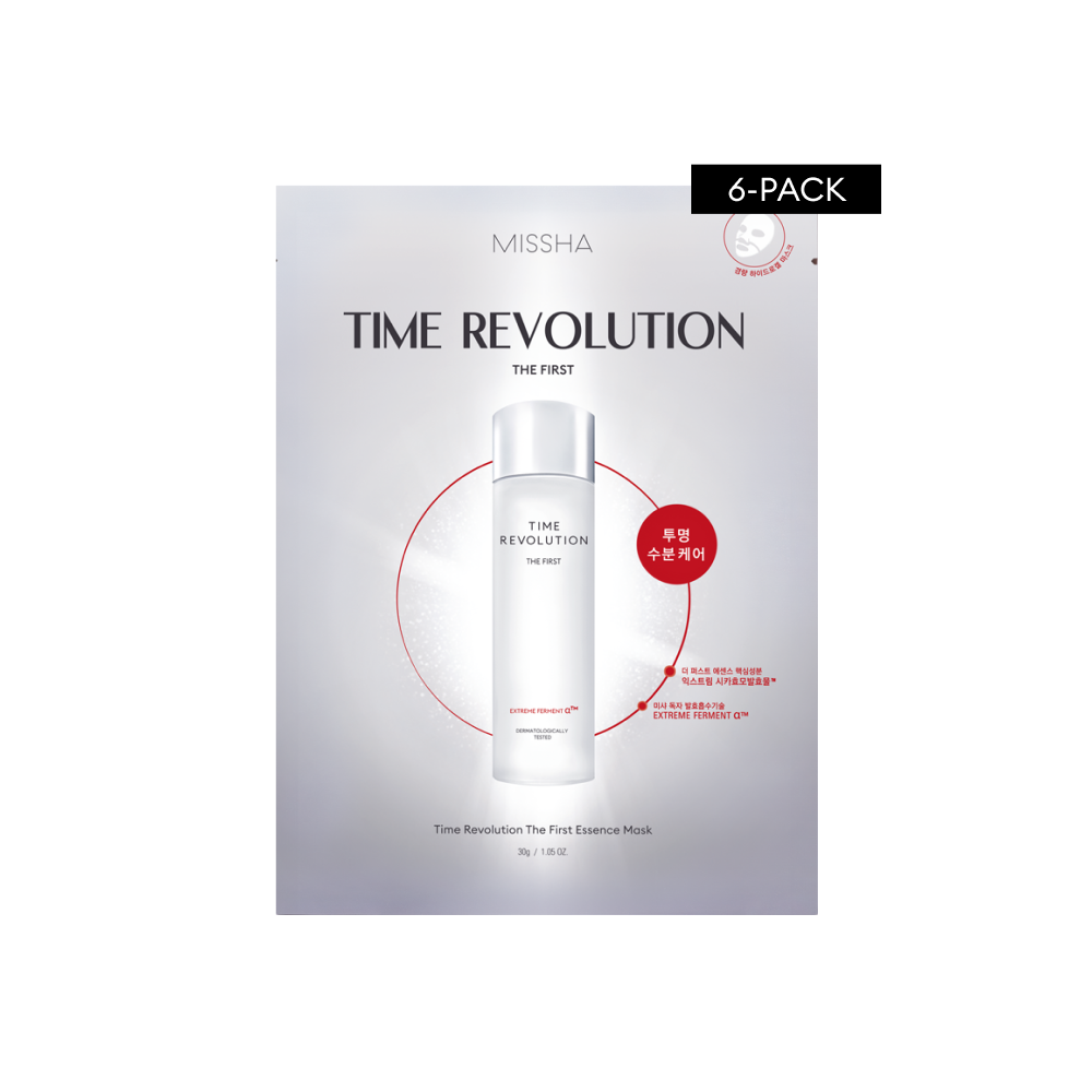 Packaging of MISSHA Time Revolution The First Hydrogel Mask 6PK with image of the product and text detailing the product features.