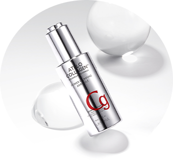 Bottle of Atelo Collagen serum with silver packaging, featuring a sleek design and surrounded by elegant water droplets