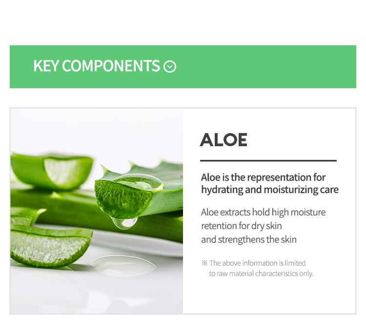 MISSHA key components graphic featuring fresh aloe vera slices with clear gel dripping. Text explains that aloe represents hydrating and moisturizing care, helping retain moisture for dry skin and strengthening the skin.