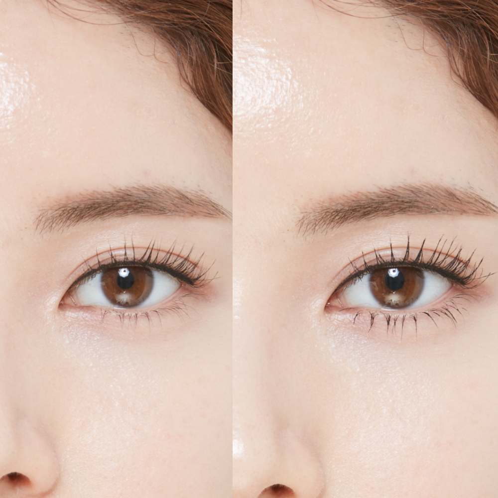 Before and after shot of model using mascara