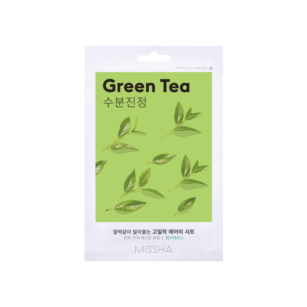 Product shot of the single Missha Airy Fit Sheet Mask in Green Tea. The packaging is white and bright green, featuring the words 'Green Tea' and graphic images of tea leaves, emphasizing its soothing and calming effects for sensitive skin.
