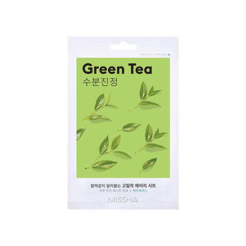 Product shot of the single Missha Airy Fit Sheet Mask in Green Tea. The packaging is white and bright green, featuring the words 'Green Tea' and graphic images of tea leaves, emphasizing its soothing and calming effects for sensitive skin.