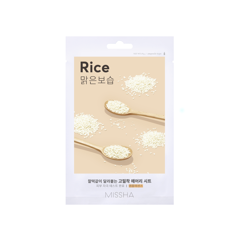 Product shot of the single Missha Airy Fit Sheet Mask in Rice. The packaging is white and beige, featuring the word 'Rice' and images of rice grains on wooden spoons, highlighting its brightening and deep moisturizing benefits for Korean skincare routines.