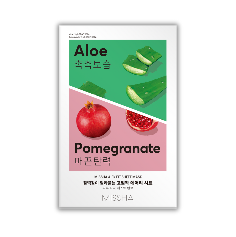Packaging of Airy Fit Sheet Mask Aloe & Pomegranate showing an illustration of aloe vera and pomegranate with the brand name and product details.