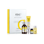 MISSHA Vita C Plus Skincare Set, containing a spot correcting ampoule, a eraser toning cream, and cotton pads, packaged in a yellow and white box.