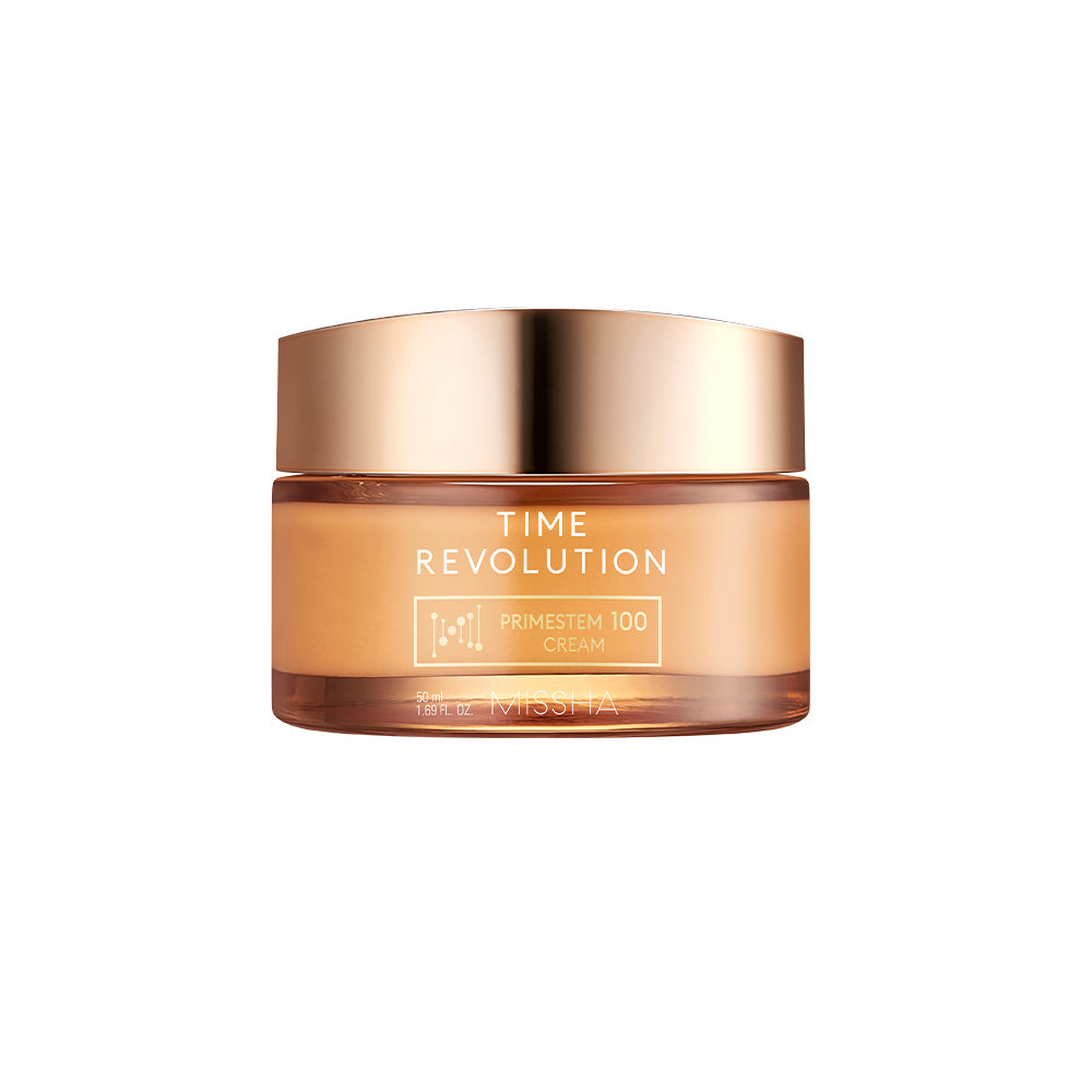 A gold and amber jar of the Time Revolution Prime Stem 100 Cream for K-beauty anti-aging. The rich moisturizing cream contains Primestem 100 and Angelica callus extract for a visible 3D-lifting effect to firm sagging skin.