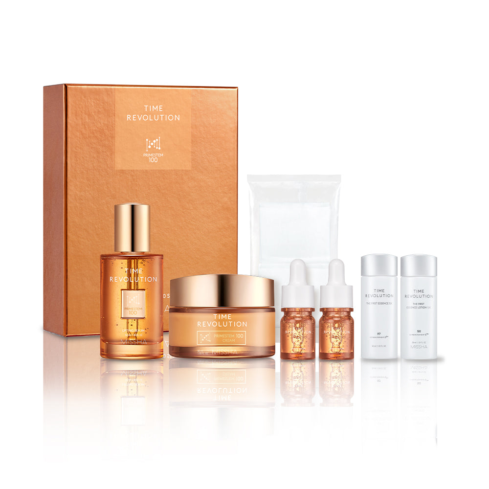 A collection of skincare products from Time Revolution, including a lifting serum, cream, essence, and other skincare items, presented with their packaging.