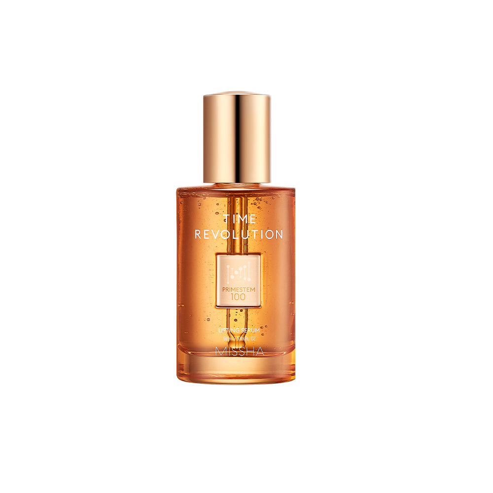 A full-sized bottle of the amber-colored Time Revolution Prime Stem 100 Lifting Serum with a gold dropper cap. This potent serum features Primestem 100 and Angelica callus extract to reduce wrinkles, firm, and provide a 3D-lifting effect for mature skin.