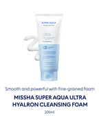MISSHA Super Aqua Ultra Hyalron Cleansing Foam tube shown with a swirl of white foam behind it. Text highlights “Smooth and powerful with fine-grained foam” and “10 Hyaluronic Acid” formula for deep hydration, in a 200ml size.
