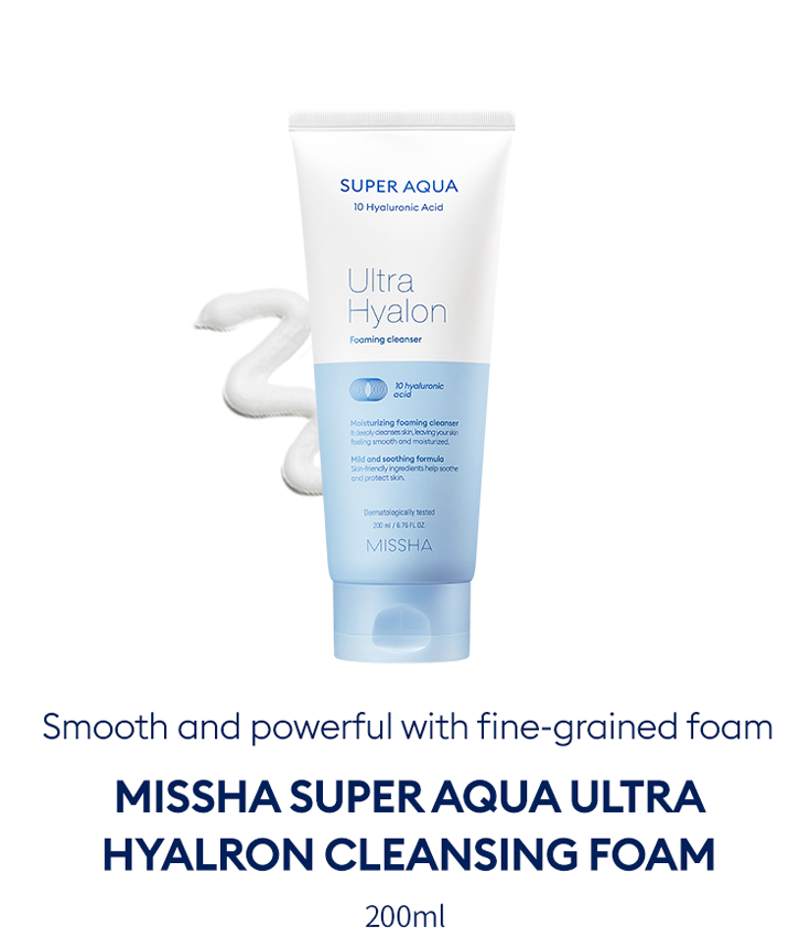 MISSHA Super Aqua Ultra Hyalron Cleansing Foam tube shown with a swirl of white foam behind it. Text highlights “Smooth and powerful with fine-grained foam” and “10 Hyaluronic Acid” formula for deep hydration, in a 200ml size.