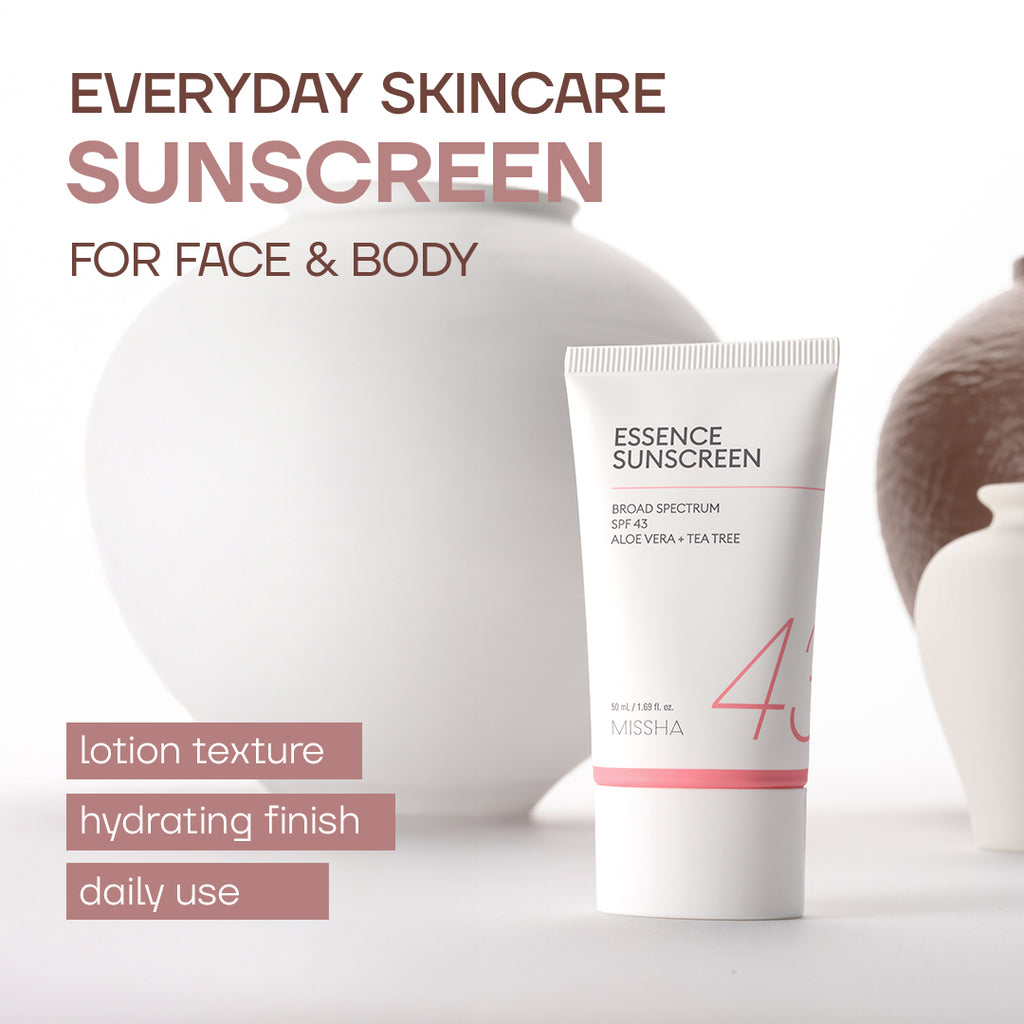 Tube of Missha Essence Sunscreen with text about everyday skincare sunscreen for face and body.