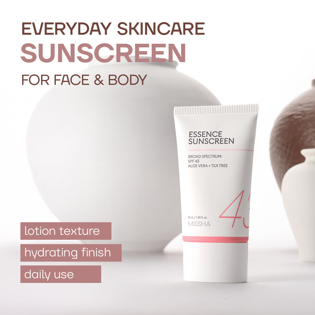 Tube of Missha Essence Sunscreen with text about everyday skincare sunscreen for face and body.