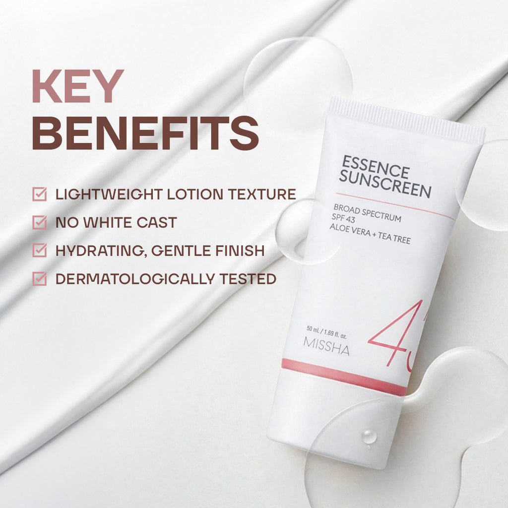 Tube of Missha Essence Sunscreen with key benefits listed on a white background