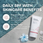 Sunscreen tube with aloe vera and tea tree water benefits on a beach setting