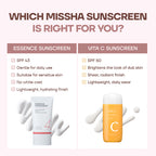 Comparison chart of Missha Essence Sunscreen and Vita C Sunscreen with features listed.