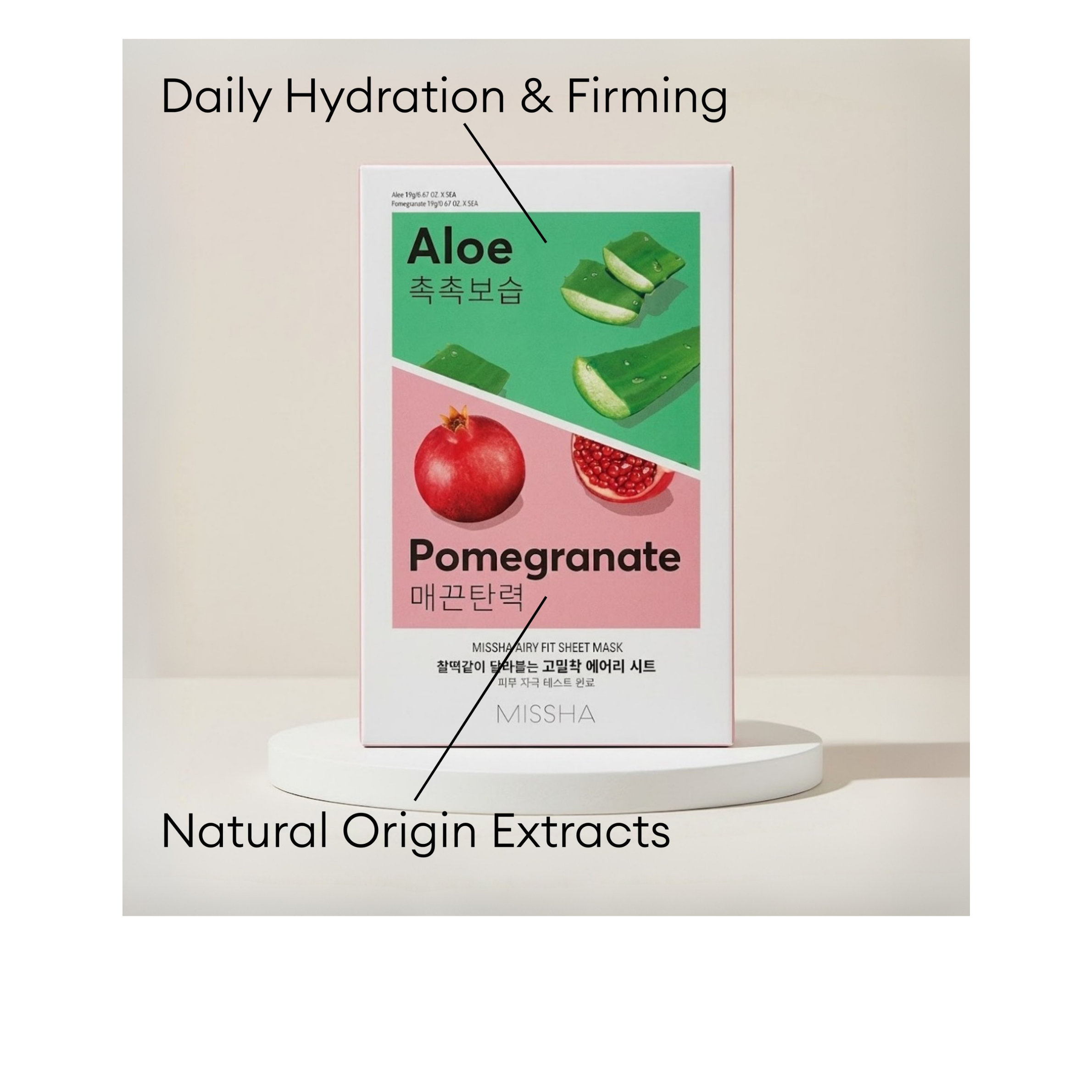 MISSHA Airy Fit Sheet Mask with Aloe and Pomegranate natural extracts for daily hydration and firming.
