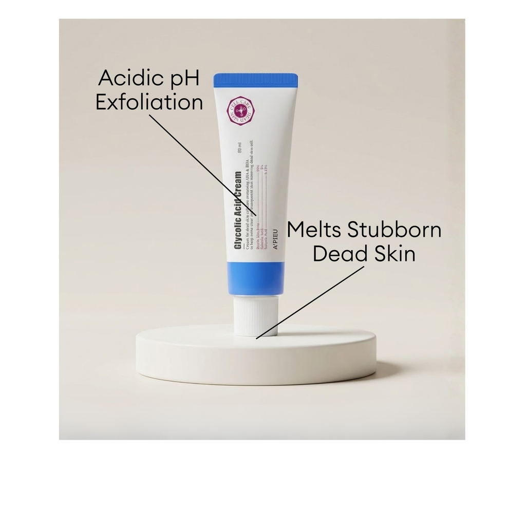 A'pieu Glycolic Acid Cream for acidic pH exfoliation to melt stubborn dead skin cells.