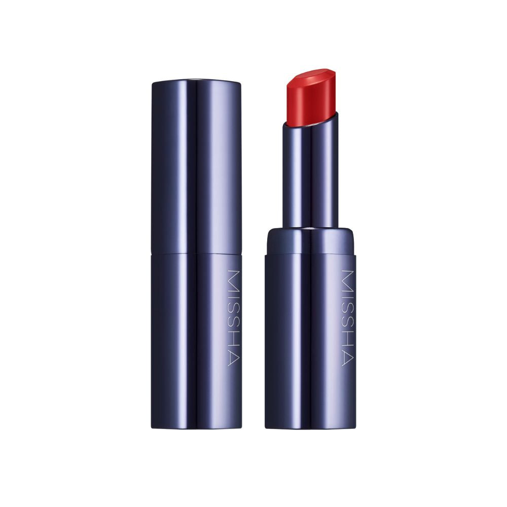 A collection of MISSHA brand lipsticks in various shades, displayed horizontally in tubes with the brand name visible.