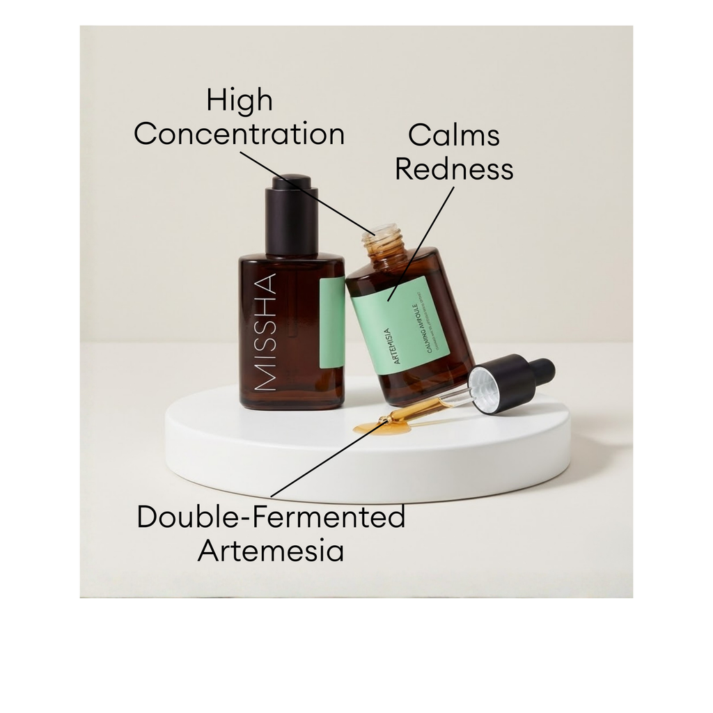 MISSHA Artemisia Calming Ampoule with high concentration double-fermented Artemisia to calm skin redness.